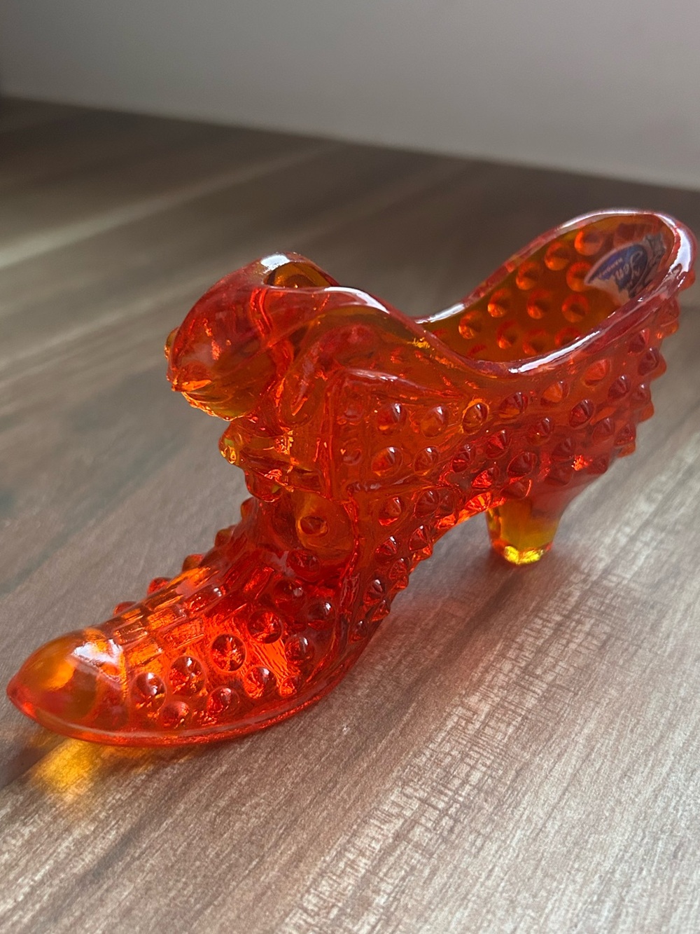 Antique Fenton Art Glass Amber / Orange Hobnail Cat Head Slipper
Shoe